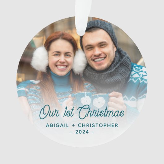 Vrolijk Kerstfeest Foto Pas getrouwd Turquoise Scr Ornament (voorkant)