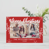 Vrolijk Kerstfeest Foto Rode Sneeuwvlokken Feestdagenkaart (Staand voorkant)