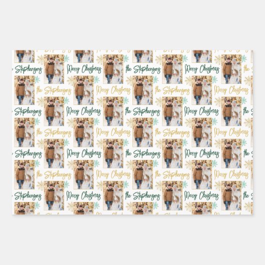 Vrolijk Kerstfeest Foto Script Naam Gold Green Inpakpapier Vel (Voorkant 3)