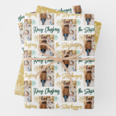 Vrolijk Kerstfeest Foto Script Naam Gold Green Inpakpapier Vel (In situ)