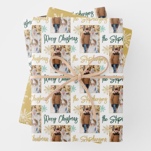 Vrolijk Kerstfeest Foto Script Naam Gold Green Inpakpapier Vel (In situ)