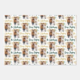 Vrolijk Kerstfeest Foto Script Naam Gold Green Inpakpapier Vel