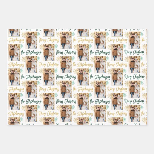 Vrolijk Kerstfeest Foto Script Naam Gold Green Inpakpapier Vel (Voorkant)