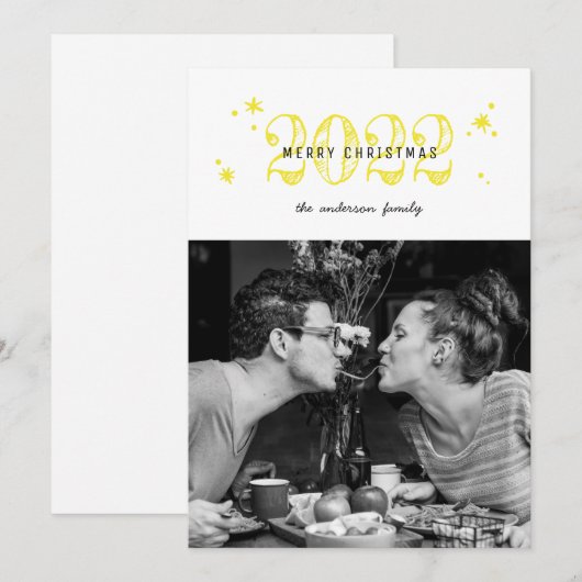 Vrolijk kerstfeest. Foto van de moderne gele sneeu Feestdagenkaart (Voorkant / Achterkant)
