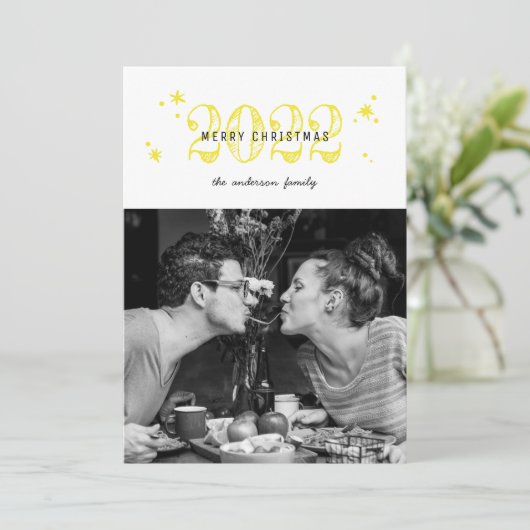 Vrolijk kerstfeest. Foto van de moderne gele sneeu Feestdagenkaart (Staand voorkant)