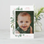 Vrolijk Kerstfeest Foto Waterverf Groen Botanisch Feestdagenkaart (Staand voorkant)