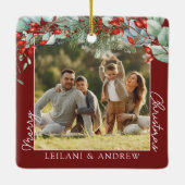 Vrolijk Kerstfeest Foto & Waterverf Holly Burgundy Keramisch Ornament (Achterkant)