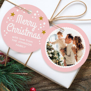 Vrolijk Kerstfeest Fotonaam Eenvoudig Roze Ronde G Bedankjes Labels