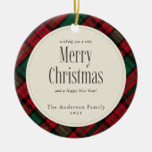 Vrolijk Kerstfeest Foto's Elegant Groen Rood Plaid Keramisch Ornament (Voorkant)