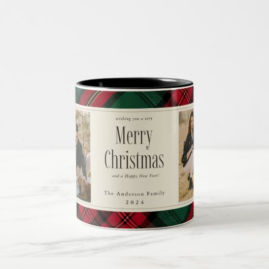 Vrolijk Kerstfeest Foto's Elegant Groen Rood Plaid Tweekleurige Koffiemok (Center)
