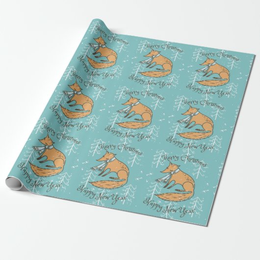 Vrolijk kerstfeest Fox Cozy Cadeaupapier (Uitgerold)