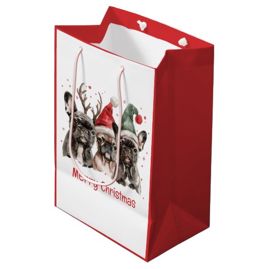 Vrolijk Kerstfeest Franse Bulldog Rendieren Honden Medium Cadeauzakje (Voorkant Gekanteld)