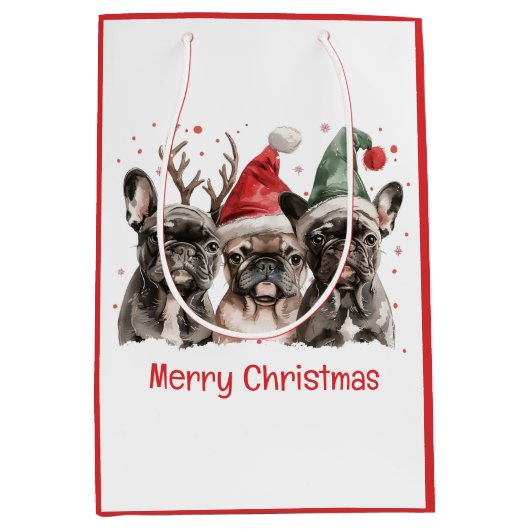 Vrolijk Kerstfeest Franse Bulldog Rendieren Honden Medium Cadeauzakje (Voorkant)