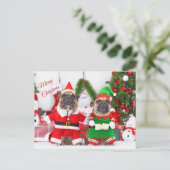 Vrolijk Kerstfeest Franse Bulldogs Santa en Elf Feestdagenkaart (Staand voorkant)