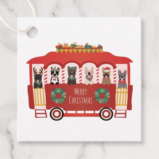 Vrolijk Kerstfeest Franse Bulldogs Vakantie Trolly Bedankjes Labels (Voorkant)