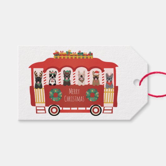 Vrolijk Kerstfeest Franse Bulldogs Vakantie Trolly Cadeaulabel (Voorkant (Horizontaal))