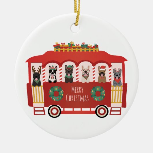 Vrolijk Kerstfeest Franse Bulldogs Vakantie Trolly Keramisch Ornament (Voorkant)