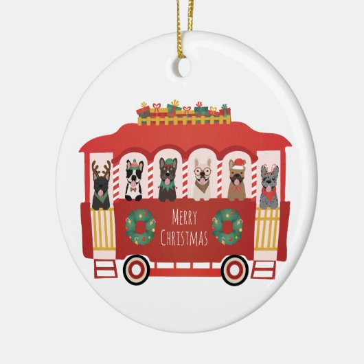 Vrolijk Kerstfeest Franse Bulldogs Vakantie Trolly Keramisch Ornament (Links)