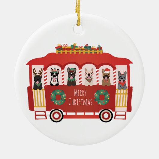 Vrolijk Kerstfeest Franse Bulldogs Vakantie Trolly Keramisch Ornament (Achterkant)