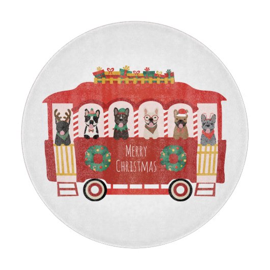 Vrolijk Kerstfeest Franse Bulldogs Vakantie Trolly Snijplank (Voorkant)