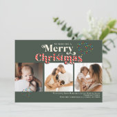 Vrolijk Kerstfeest Fun Candy Cane 3 Foto Rood & Gr Feestdagenkaart (Staand voorkant)
