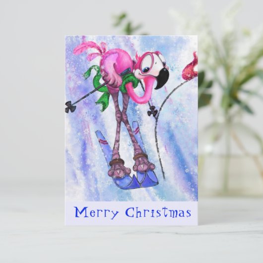 Vrolijk kerstfeest - Funny Pink Flamingo Skier - F (Staand voorkant)