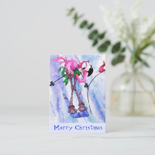 Vrolijk kerstfeest - Funny Pink Flamingo Skier - F Notitiekaartje (Staand voorkant)