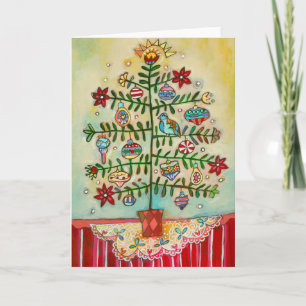 Vrolijk Kerstfeest Geïllustreerde Folk Tree Holida Feestdagen Kaart