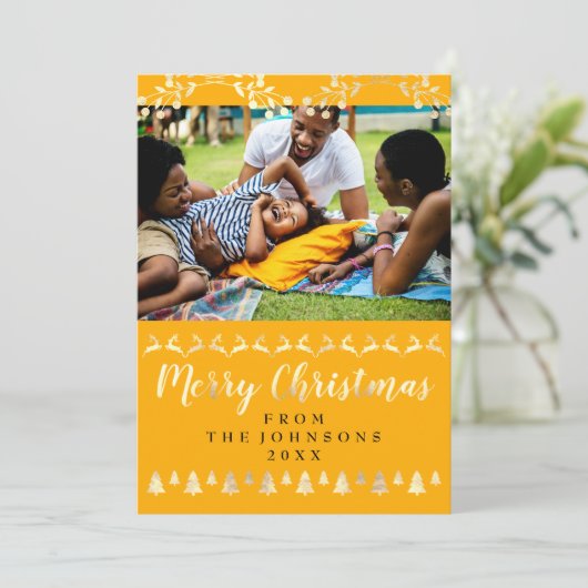 Vrolijk kerstfeest Gele Geelfoto gebeurt Feestdagenkaart (Staand voorkant)