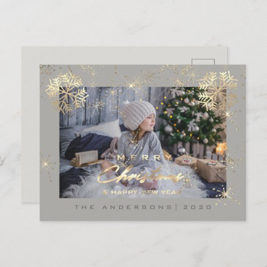 Vrolijk Kerstfeest Gelukkig Jaar Goud Sneeuw Grijs Briefkaart (Voorkant / Achterkant)
