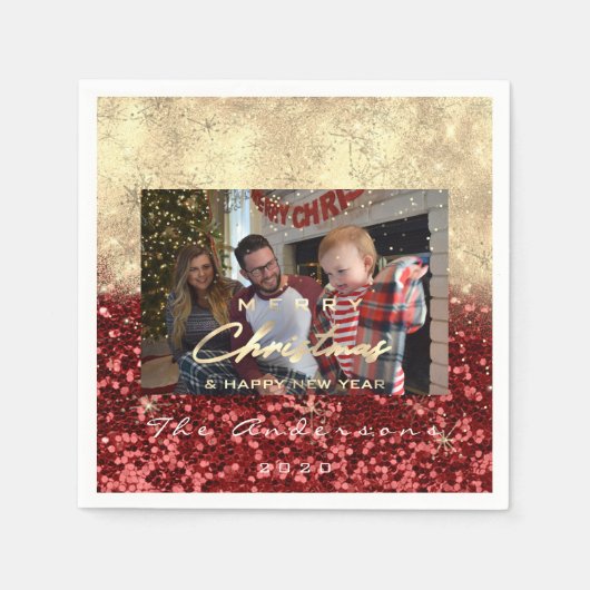 Vrolijk Kerstfeest Gelukkig Jaar Gouden Foto Rode  Servet (Voorkant)