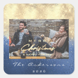 Vrolijk Kerstfeest Gelukkig Jaar Sterren Blauw Gou Vierkante Sticker