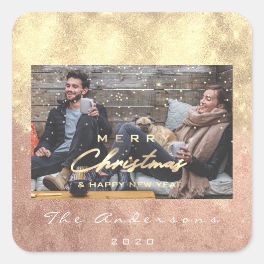 Vrolijk Kerstfeest Gelukkig Jaar Sterren Roos Goud Vierkante Sticker (Voorkant)