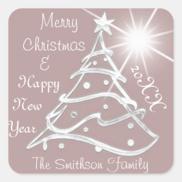 Vrolijk Kerstfeest & Gelukkig Nieuwjaar Boom Grijs Vierkante Sticker