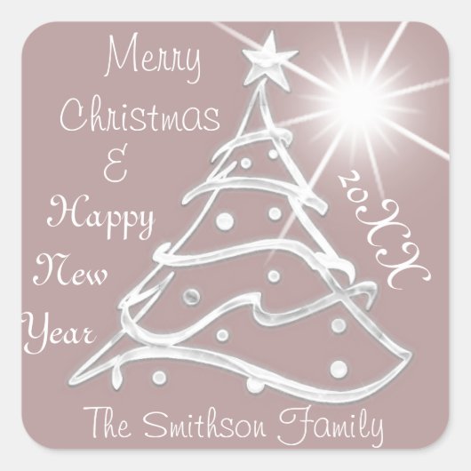 Vrolijk Kerstfeest & Gelukkig Nieuwjaar Boom Grijs Vierkante Sticker (Voorkant)