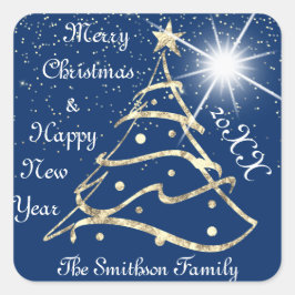 Vrolijk Kerstfeest & Gelukkig Nieuwjaar Boom Navy Vierkante Sticker