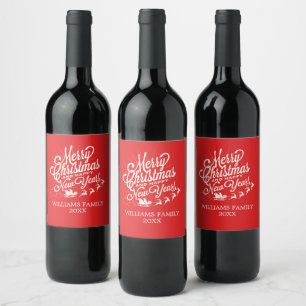 Vrolijk Kerstfeest Gelukkig Nieuwjaar Bright Red Wijn Etiket