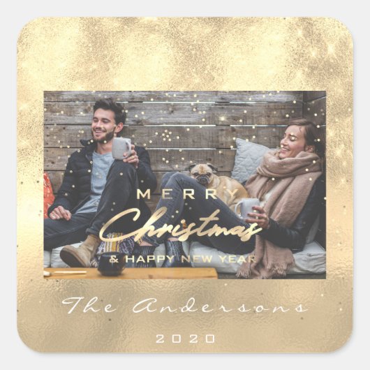 Vrolijk Kerstfeest Gelukkig Nieuwjaar Faux Gold Fo Vierkante Sticker (Voorkant)