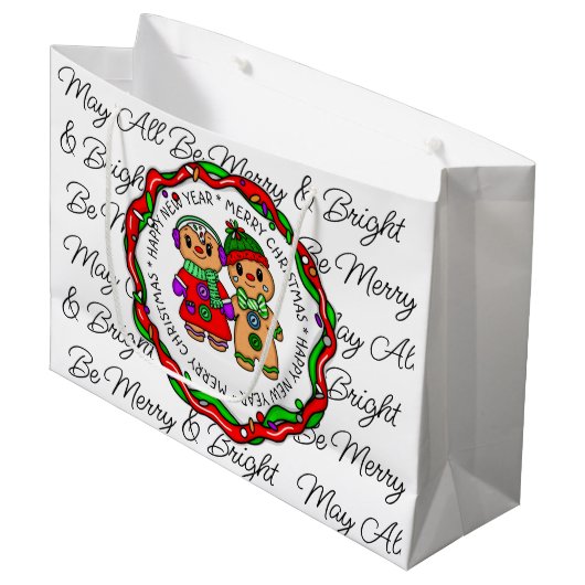 Vrolijk kerstfeest | Gelukkig nieuwjaar | Gingerbr Groot Cadeauzakje (Voorkant Gekanteld)