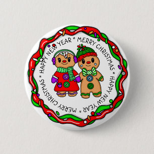 Vrolijk kerstfeest   Gelukkig nieuwjaar   Gingerbr Ronde Button 5,7 Cm
