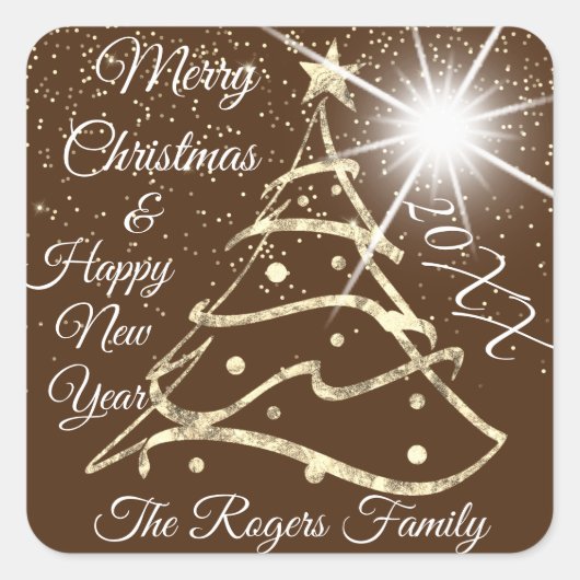 Vrolijk Kerstfeest & Gelukkig Nieuwjaar Goud Bruin Vierkante Sticker (Voorkant)