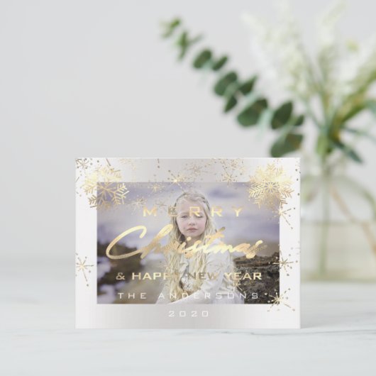 Vrolijk Kerstfeest Gelukkig Nieuwjaar Goud Wit Fot Briefkaart (Staand voorkant)