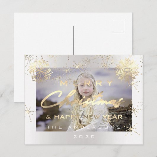 Vrolijk Kerstfeest Gelukkig Nieuwjaar Goud Wit Fot Briefkaart (Voorkant / Achterkant)