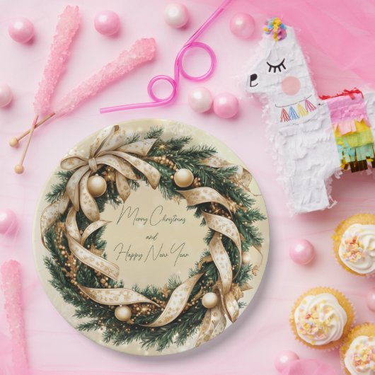 Vrolijk Kerstfeest Gelukkig Nieuwjaar Gouden Groen Papieren Bordje (Feest)