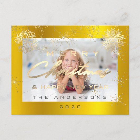 Vrolijk Kerstfeest Gelukkig Nieuwjaar Gouden Sneeu Briefkaart (Voorkant)