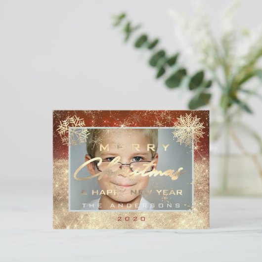 Vrolijk Kerstfeest Gelukkig Nieuwjaar Gouden Sneeu Briefkaart (Staand voorkant)