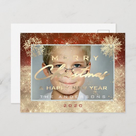 Vrolijk Kerstfeest Gelukkig Nieuwjaar Gouden Sneeu Briefkaart (Voorkant / Achterkant)