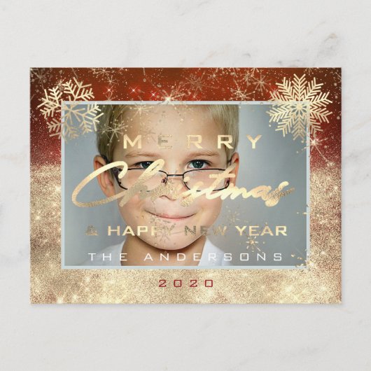Vrolijk Kerstfeest Gelukkig Nieuwjaar Gouden Sneeu Briefkaart (Voorkant)