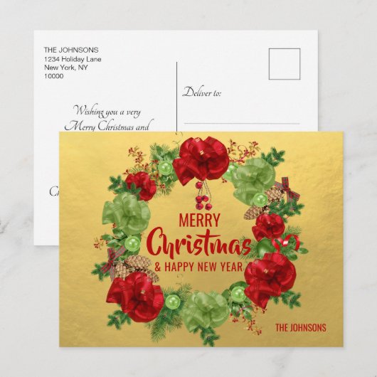 Vrolijk Kerstfeest Gelukkig Nieuwjaar Krans Rood G Feestdagenkaart (Voorkant / Achterkant)