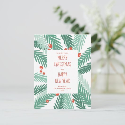 vrolijk kerstfeest. Gelukkig nieuwjaar. Pijnbomen. Feestdagenkaart (Staand voorkant)